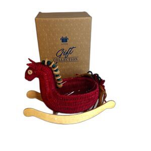 Avon Wicker Rocking Horse Red Basket Shelf Sitter Wood Yarn Tail 8" VTG Gift